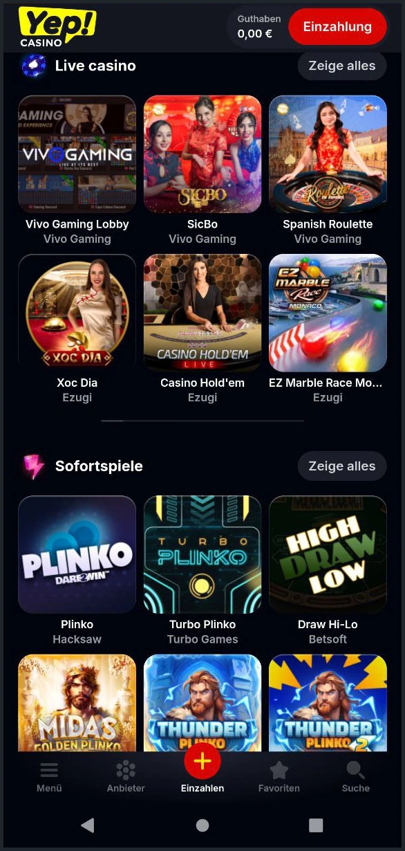 Übersicht der Live-Casino-Anbieter bei Yep Casino