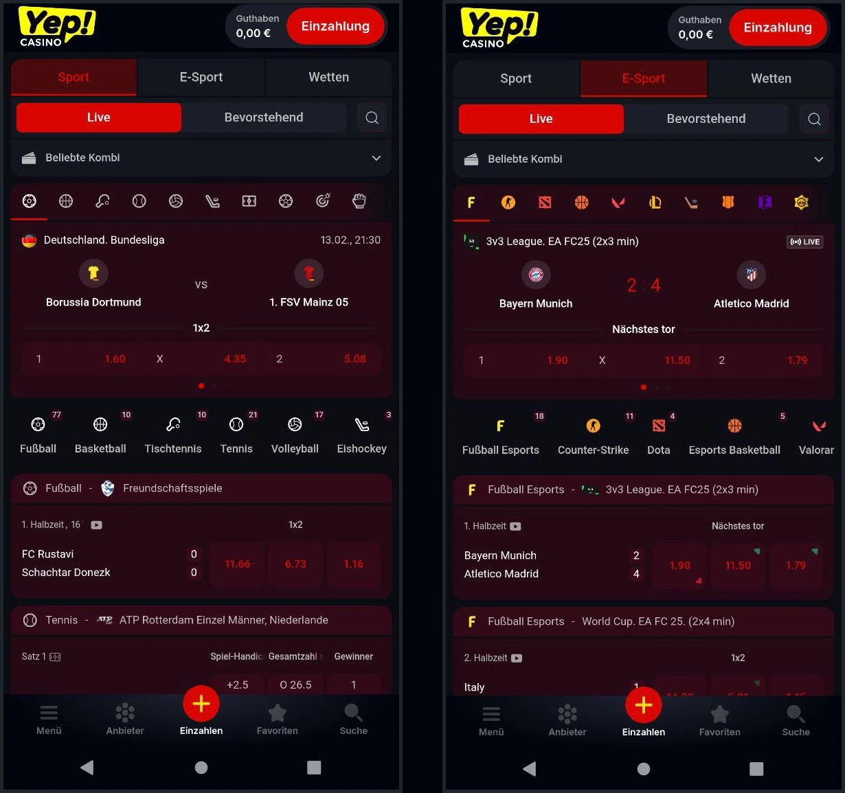 Pre-Match Sportwetten bei Yep Casino