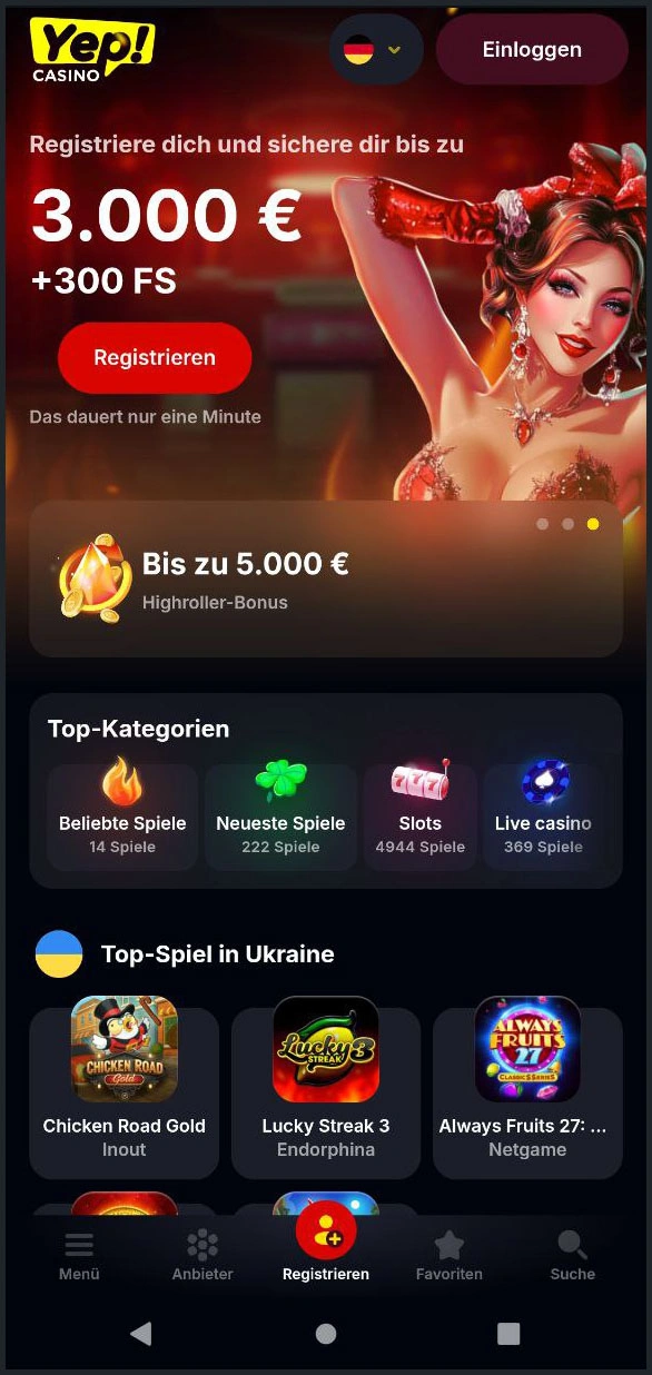 Kompakte Übersicht der Hauptkategorien von Yep Casino