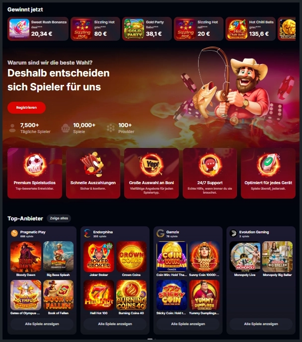 Übersicht der Yep Casino-Hauptseite
